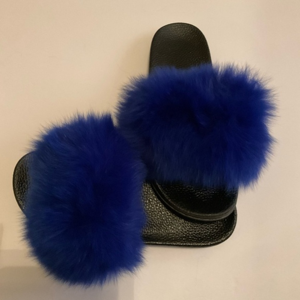 Royal Blue Vegan Fur Slides Size 8
